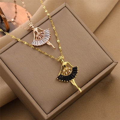 Titanium Steel Fashion Plating Inlay Ballet Girl Zircon Pendant Necklace