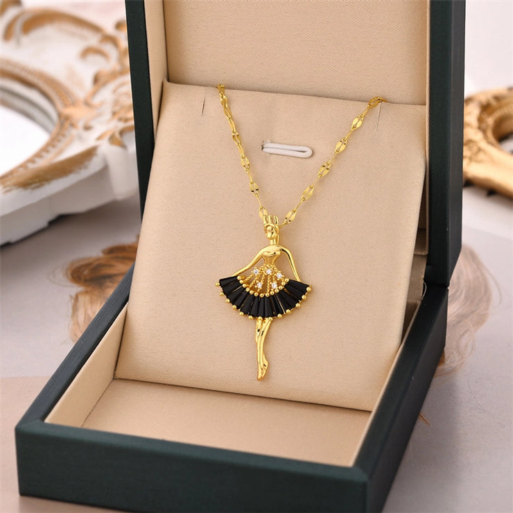 Titanium Steel Fashion Plating Inlay Ballet Girl Zircon Pendant Necklace