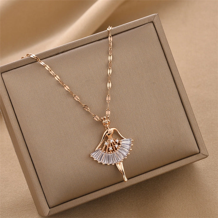 Titanium Steel Fashion Plating Inlay Ballet Girl Zircon Pendant Necklace